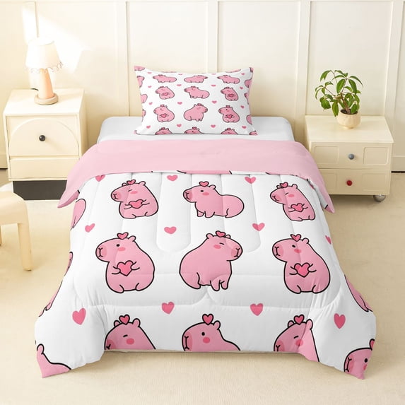 Manfei Kawaii Heart Print Twin Comforter Sets,Cute Capybara Bedding Set,White,Pink Reversible,2-Piece,1 Comforter and 1 Pillowcase