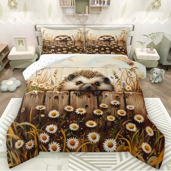 Manfei Kawaii Hedgehog Animal Queen Comforter Set for Teens, Rustic Lodge Cabin Bedding Sets, Countryside Theme Reversible Bedding Comforter Set, Lightweight Room Decor, 3pcs