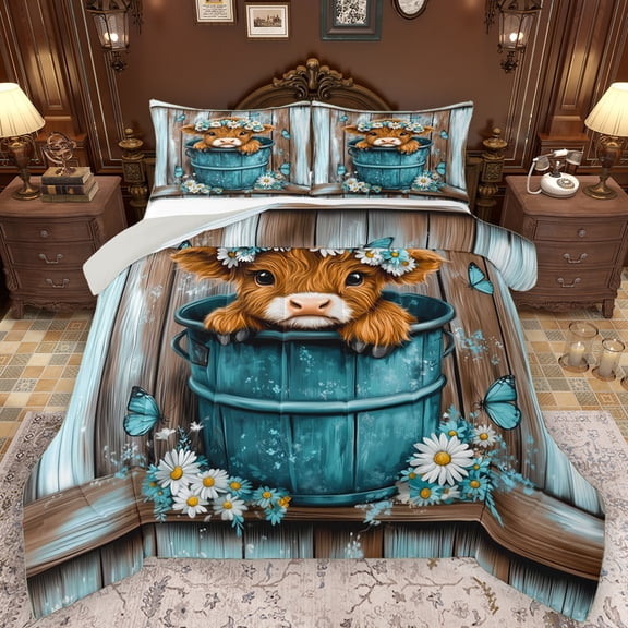 Manfei Kawaii Highland Bull Bedding Comforter Set for Kids, Teal Rustic Cabin Twin Comforter Sets, Vibrant Groovy Floral Reversible Bedding Set, Super Cozy Room Decor, 2 Pieces