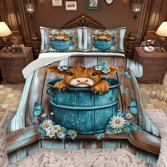 Manfei Kawaii Highland Bull Full Size Comforter Sets for Kids, Teal Rustic Cabin Bedding Comforter Set, Vibrant Groovy Floral Reversible Bedding Sets, Super Cozy Room Decor, 3 Pieces