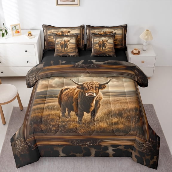 Manfei Kawaii Highland Cattle 7-Piece Twin Bedding Sets,Rustic Cowhide Bedding Comforter Set,Western Farm Sheet Sets For Teens,Luxury Bedroom Decor Reversible