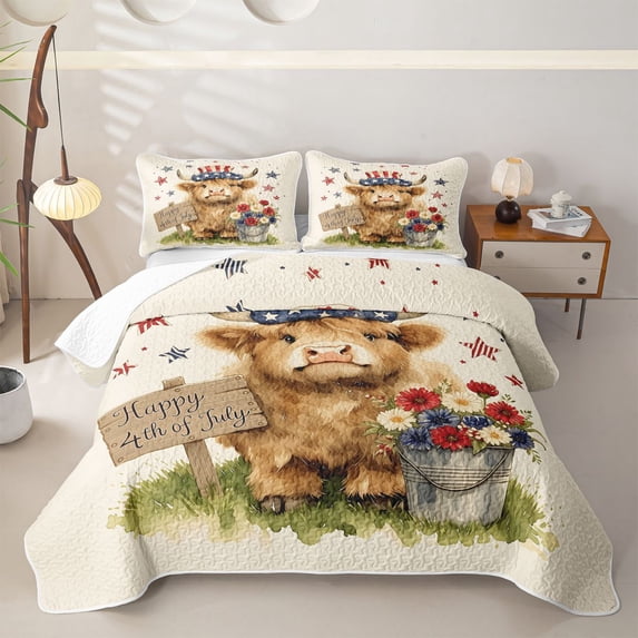 Manfei Kawaii Highland Cattle Bed Spread Queen,Cute Stars Floral Queen Coverlet Set,Brown Red,3pcs