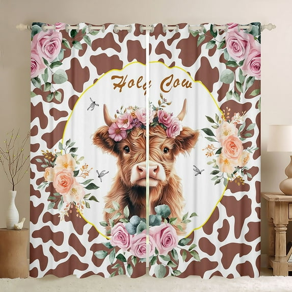 Manfei Kawaii Highland Cattle Black Out Curtains, Fashion Brown Cow Print Curtains Pack of 2 (42x63 Each), Romantic Rose Floral Bedroom Curtains, Curtains and Drapes Decor