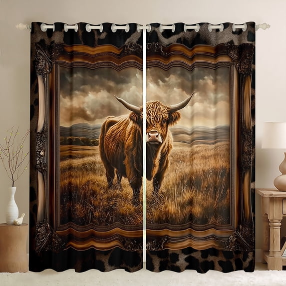 Manfei Kawaii Highland Cattle Black Out Curtains,Rustic Cowhide Curtains Pack of 2 (42x63 Each),Western Farm Bedroom Curtains For Teens,Luxury Bedroom Decor