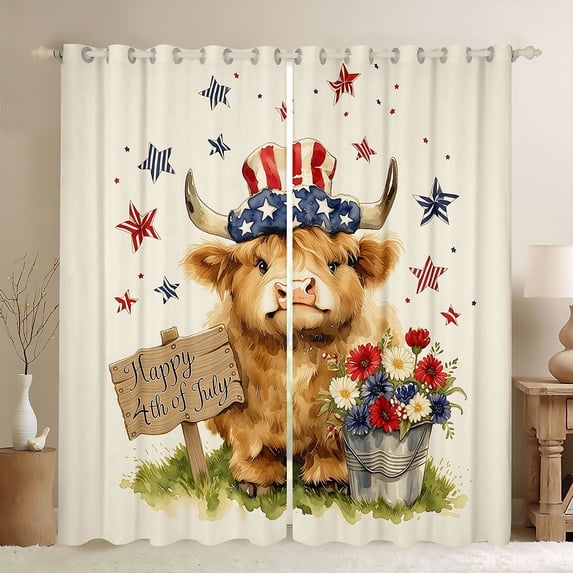 Manfei Kawaii Highland Cattle Blackout Curtains,Cute Stars Floral Curtains Pack of 2 (42x84 Each),Brown Red