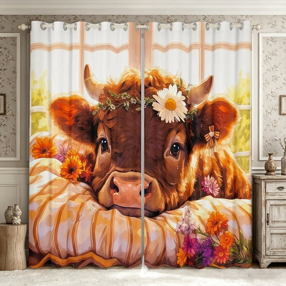 Manfei Kawaii Highland Cattle Blackout Curtains Set of 2 (52x84 Each),Cartoon Floral Animal Curtain,Brown Cream