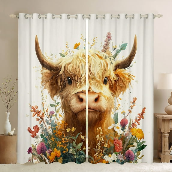 Manfei Kawaii Highland Cattle Curtains Pack of 2 (42x84 Each), Rustic Groovy Flower Floral Curtains Blackout, Farmhouse Animal Bedroom Curtains, Window Curtains Bedroom Decor