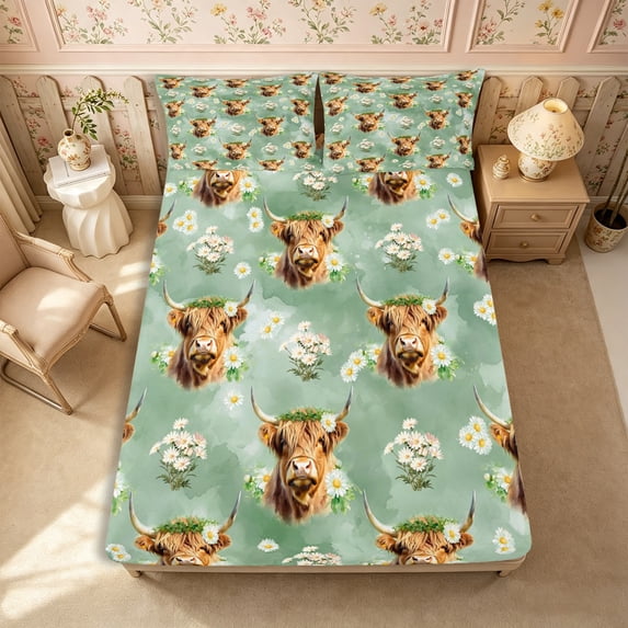 Manfei Kawaii Highland Cattle Fitted Sheet Queen 3-Piece,Cartoon Floral Animal Bedding,Light Green White,1 Fitted Sheet and 2 Pillowcases