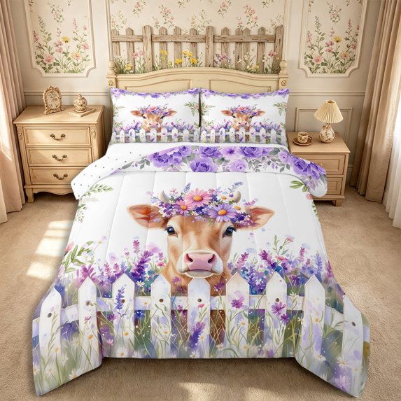 Manfei Kawaii Highland Cattle King Size Comforter Sets 3pcs,Floral Animal Comforters King Size,White Purple,1 Comforter and 2 Pillowcases,Reversible