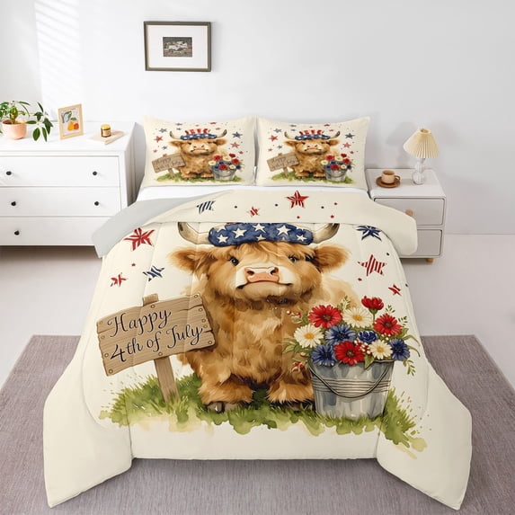 Manfei Kawaii Highland Cattle Queen Comforter Set,Cute Stars Floral Comforter Sets Queen,Brown Red,Light Gray Reversible,3 Pieces,1 Comforter and 2 Pillowcases