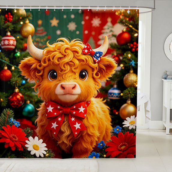 Manfei Kawaii Highland Cattle Shower Curtain 72Wx78L,Merry Christmas Bath Curtain,Orange Red