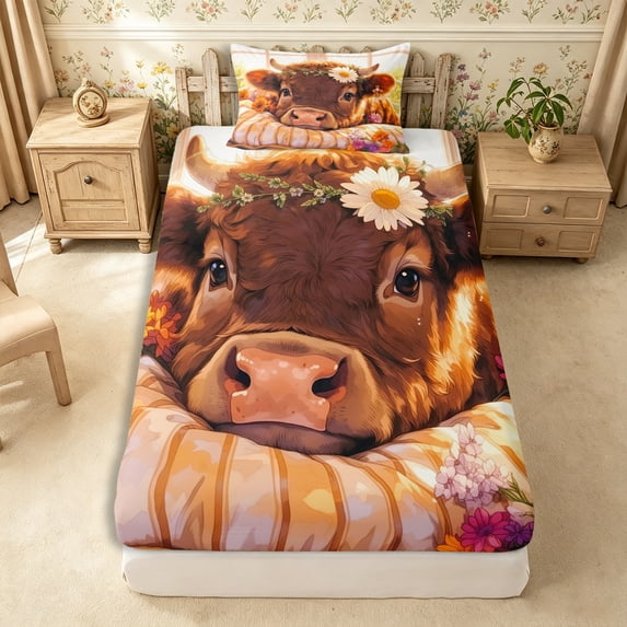 Manfei Kawaii Highland Cattle Twin Fitted Sheet 2 Pieces,Cartoon Floral Animal Bedding,Brown Cream,1 Fitted Sheet and 1 Pillowcase