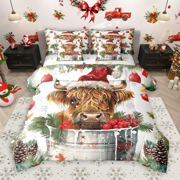 Manfei Kawaii Highland Cow 7 Pieces Bedding Comforter Set,Rustic Farmhouse Cabin Full Bedding Set,Merry Xmas Pine Cone Fitted Sheet Flat Sheet For Girl Boys,Ultra Soft Home Decor Reversible
