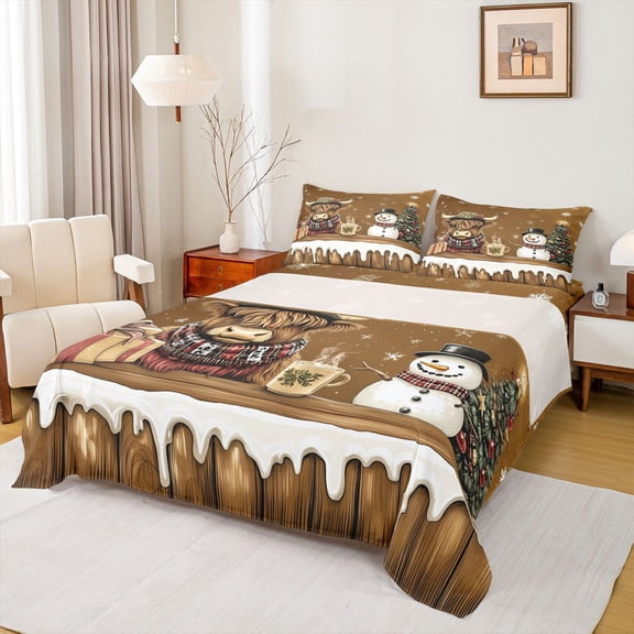 Homewish Cute Highland Cow King Sheet Set 4pcs, Xmas Snowman Bedding