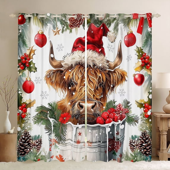 Manfei Kawaii Highland Cow Black Out Curtains,Rustic Farmhouse Cabin Curtains Pack of 2 (42x63 Each),Merry Xmas Pine Cone Bedroom Curtains For Girl Boys,Ultra Soft Home Decor