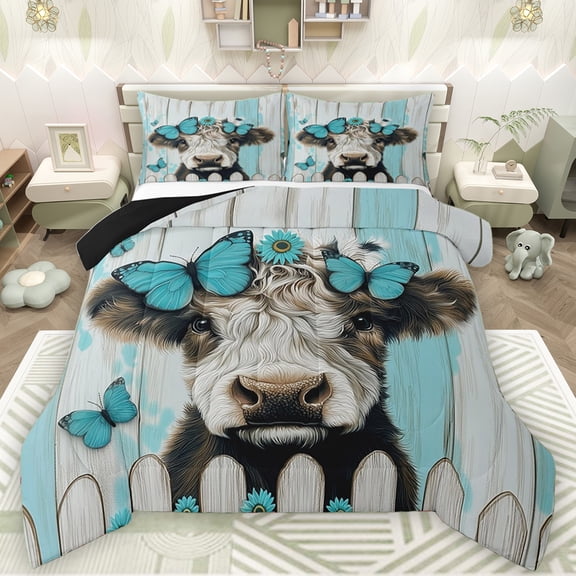 Manfei Kawaii Highland Cow Full Size Comforter Sets, Blue Butterfly Animal Bedding Comforter Set, Vintage Rustic Cabin Reversible Bedding Sets, Ultra Soft Bedroom Decor, 3pcs
