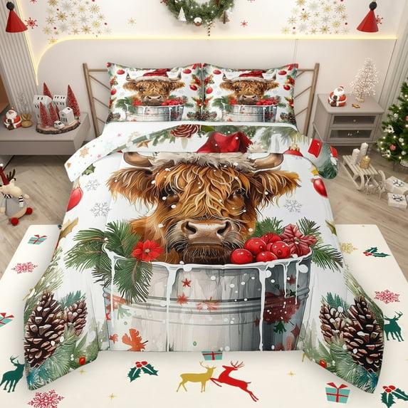 Manfei Kawaii Highland Cow Full Size Comforter Sets,Rustic Farmhouse Cabin Bedding Comforter Set,Merry Xmas Pine Cone Bedding Sets For Girl Boys,Ultra Soft Home Decor Reversible,3pcs