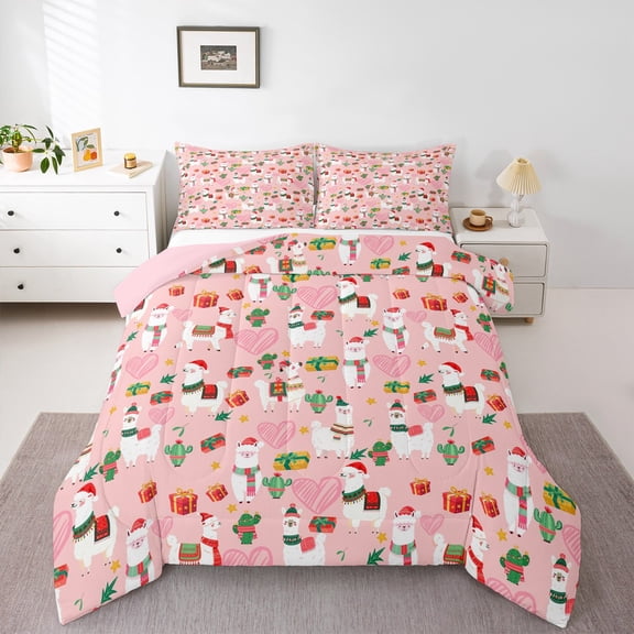 Manfei Kawaii Hippie Alpaca Queen Comforter Set for Kids, Western Cactus Bedding Sets, Merry Christmas Reversible Bedding Comforter Set, Ultra Soft Home Decor, 3pcs