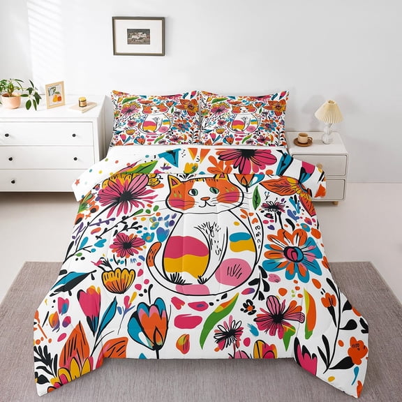 Manfei Kawaii Hippie Cat Queen Comforter Set for Kid, Bohemian Flower Floral Bedding Sets, Kawaii Cartoon Kitten Animal Reversible Bedding Comforter Set, Lightweight Room Decor, 3-Piece