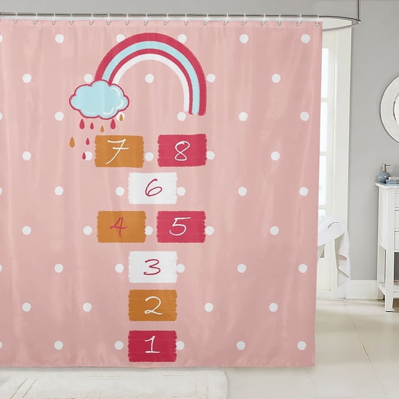 Manfei Kawaii Hopscotch Shower Curtain 72Wx78L, Cartoon Rainbow Bath Curtain, Pink