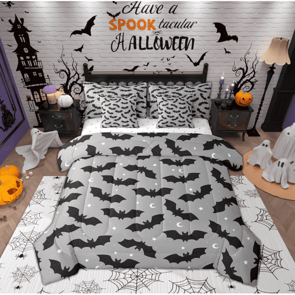 Manfei Kawaii Horror Bat Bedding Comforter Set 7-Piece for Teen, Glitter Stars Moon King Bedding Sets, Gray Halloween Theme Bed Sheets, Super Cozy Room Decor