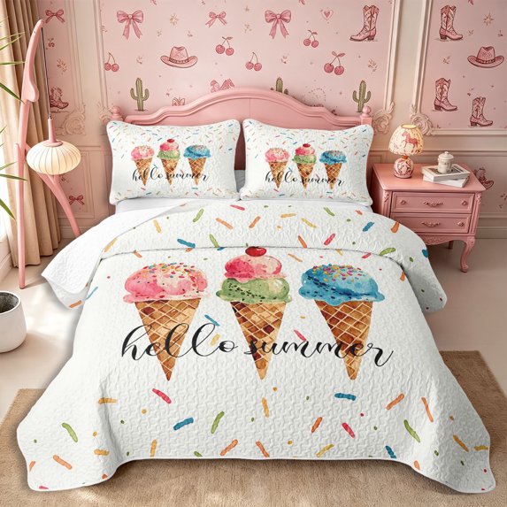 Manfei Kawaii Ice Cream Quilt King 3 Pieces,Cartoon Desserts King Coverlet Set,White Pink,1 Bedspread and 2 Pillowcases