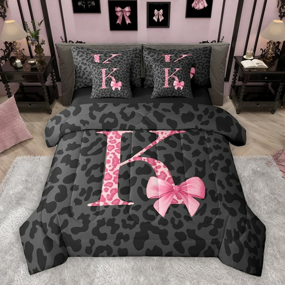 Manfei Kawaii Initial K Letter Bedding Comforter Set 7pcs, Leopard Cheetah Print Queen Bedding Sets, Teens Kids Girls Women Reversible Queen Sheet Sets, Ultra Soft Bedroom Decor