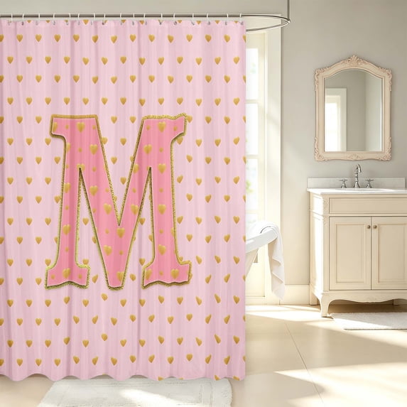 Manfei Kawaii Initial M Shower Curtain 72Wx78L,Pink Polka Dot Bath Curtain
