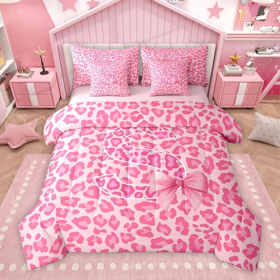 Homewish Kawaii Initial S Letter Twin Bedding Sets 7-Piece, Leopard Cheetah Print Bedding Comforter Set, Teens Kids Girls Women Reversible Sheet Sets, Ultra Soft Bedroom Decor