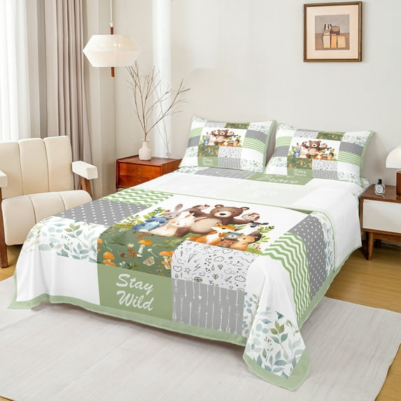 Manfei Kawaii Jungle Animal Bed Sheets, Leaf Botanical King Sheets, Green Patchwork Plaid Sheet Set, Super Cozy Room Decor, 4-Piece
