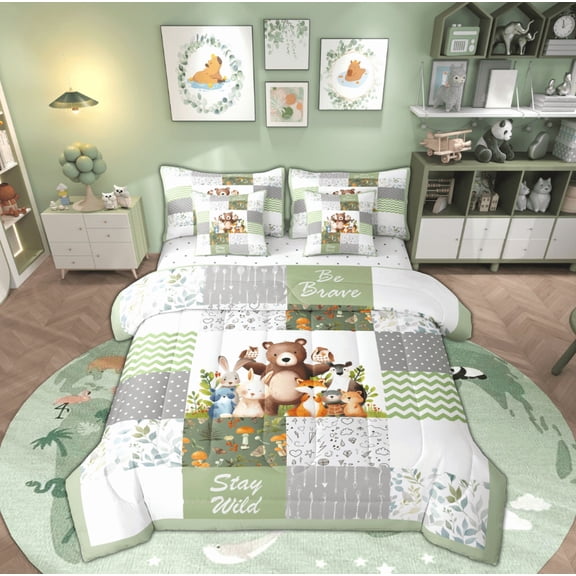 Manfei Kawaii Jungle Animal Bedding Comforter Set 7 Pieces, Leaf Botanical Full Bedding Set, Green Patchwork Plaid Fitted Sheet Flat Sheet, Super Cozy Room Decor
