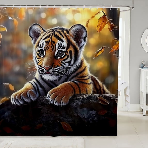 Manfei Kawaii Jungle Tiger Shower Curtain 72Wx72L, Cartoon Wildlife Bathroom Curtain, Dark Brown Orange