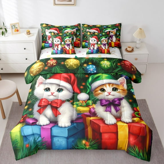 Manfei Kawaii Kitten 7-Piece Twin Bedding Sets,Xmas Gifts Bedding Comforter Set,Happy New Year Sheet Sets For Kids,Microfiber Bedroom Decor Reversible