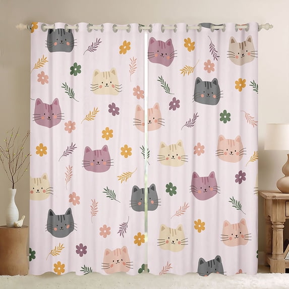 Manfei Kawaii Kitten Blackout Curtains, Boho Flower Floral Window Curtains Pack of 2 (38x45 Each), Pink