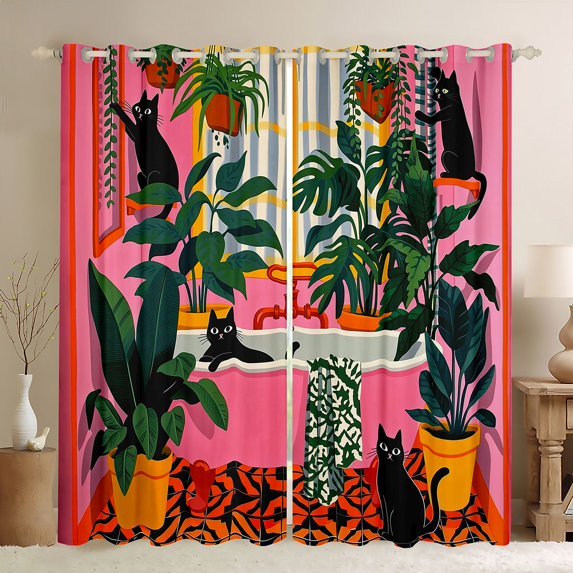 Manfei Kawaii Kitten Blackout Curtains, Boho Palm Plant Window Curtains Pack of 2 (38x45 Each), Pink Black