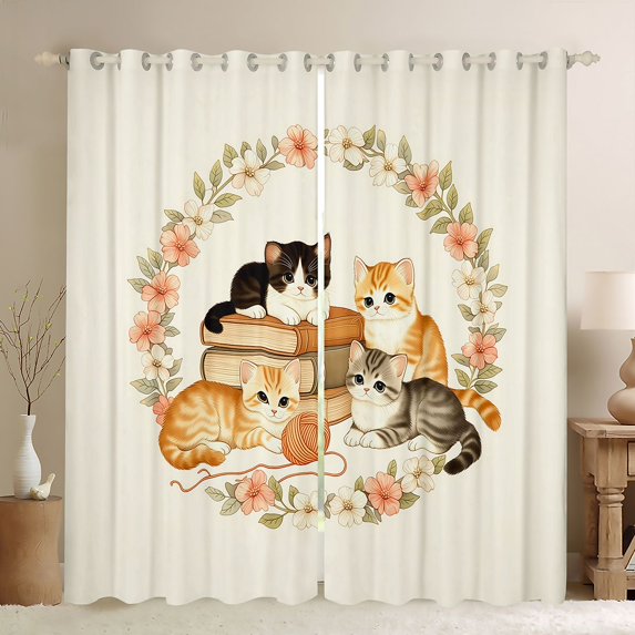 Manfei Kawaii Kitten Blackout Curtains, Boho Western Flower Window Curtains Pack of 2 (38x45 Each), Cream