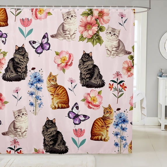 Manfei Kawaii Kitten Butterfly Shower Curtain 72Wx78L, Boho Tulip Flower Bath Curtain, Pink