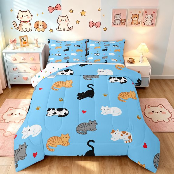 Manfei Kawaii Kitten Cat Full Size Comforter Sets, Cartoon Paw Bedding Comforter Set, Sky Blue, Polkadot Reversible, 3pcs, 1 Comforter and 2 Pillowcases