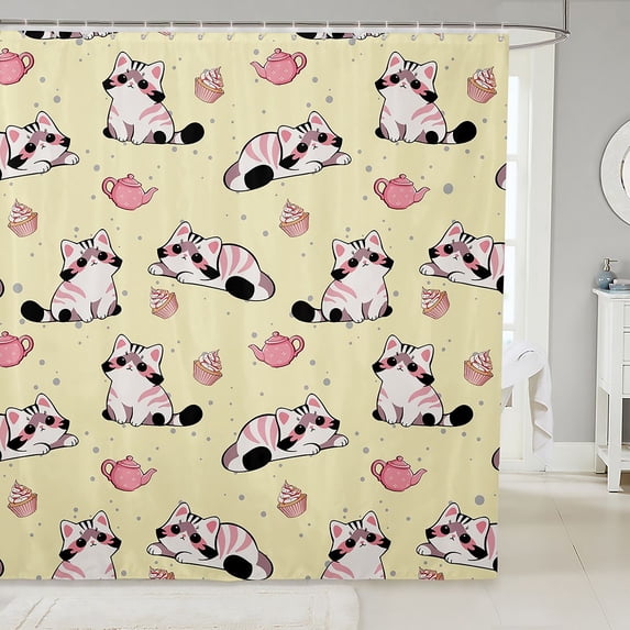 Manfei Kawaii Kitten Dessert Shower Curtain 72Wx84L, Cartoon Teapot Bathroom Shower Curtain, Cream Pink