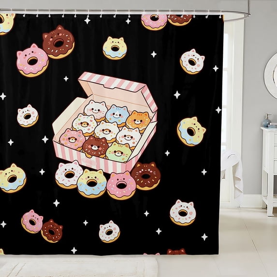 Manfei Kawaii Kitten Donut Shower Curtain 72Wx72L, Sweet Treat Bathroom Curtain, Black Pink
