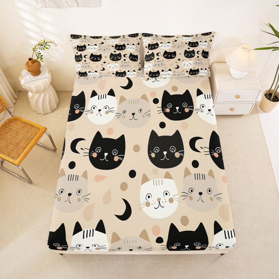 Manfei Kawaii Kitten Fitted Sheet Full, Boho Moon Bed Set, Beige, 3 Pieces, 1 Fitted Sheet and 2 Pillowcases