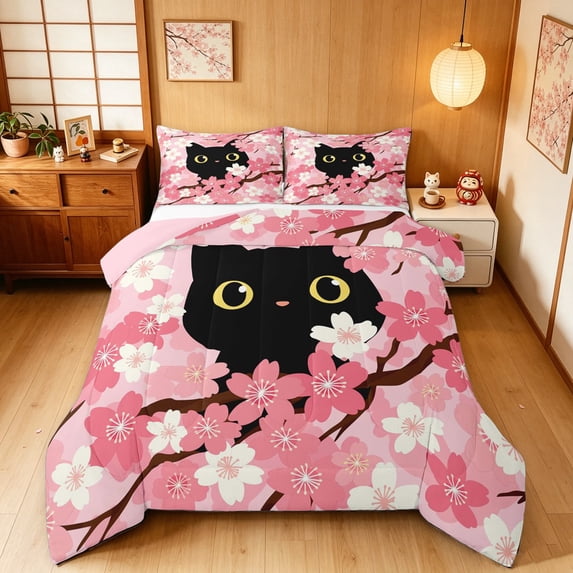 Manfei Kawaii Kitten Full Size Comforter Sets, Boho Tokyo Bolssoms Bedding Comforter Set, Pink, Pink Reversible, 3-Piece, 1 Comforter and 2 Pillowcases