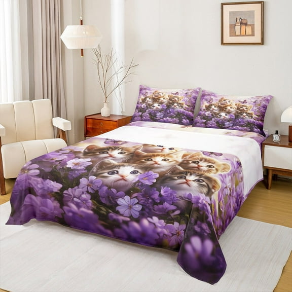 Manfei Kawaii Kitten Full Size Sheets,Purple Flower Butterfly Bed Sheets,Pet Animal Sheet Sets,Reathable Bedroom Decor,4-Piece