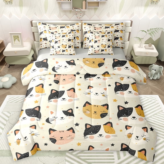 Manfei Kawaii Kitten Kids Twin Bedding Sets 7-Piece, Dreamy Stars Galaxy Bedding Comforter Set, Cartoon Cat Animal Theme Reversible Sheet Sets, Ultra Soft Bedroom Decor
