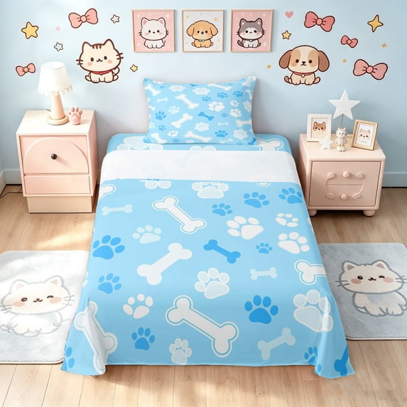Manfei Kawaii Kitten Paw Twin Sheets, Dog Bone Bedding, Light Blue White, 3-Piece, 1 Flat Sheet, 1 Fitted Sheet and 1 Pillowcase