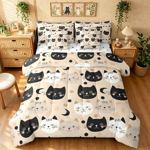 Manfei Kawaii Kitten Queen Bedding, Boho Moon Bedding Comforter Set Queen, Beige, Polkadot Reversible, 7 Pieces