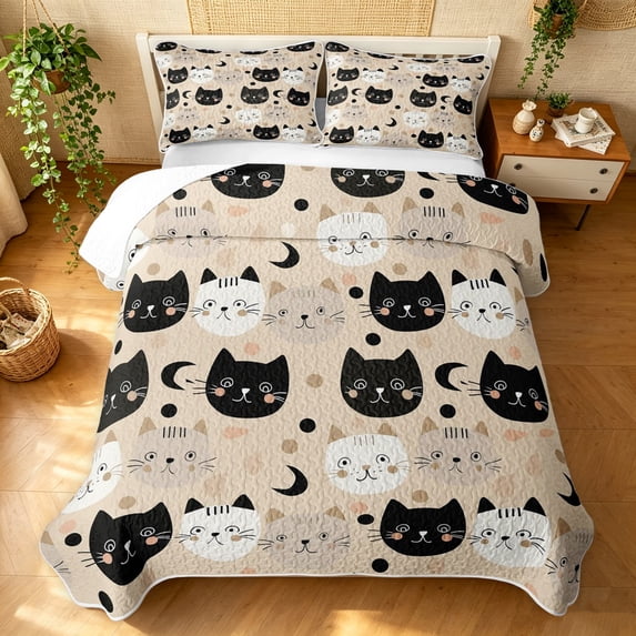 Manfei Kawaii Kitten Quilt King, Boho Moon King Coverlet Set, Beige, 3 Pieces, 1 Bedspread and 2 Pillowcases