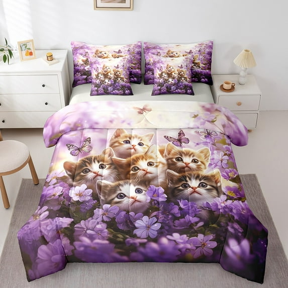 Manfei Kawaii Kitten Twin Bedding Sets 7pcs,Purple Flower Butterfly Bedding Comforter Set 7pcs,Pet Animal Sheet Sets,Reathable Bedroom Decor Reversible
