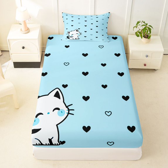 Manfei Kawaii Kitten Twin Fitted Sheet, Graffiti Love Heart Doodle Bedding, Blue, 2-Piece, 1 Fitted Sheet and 1 Pillowcase