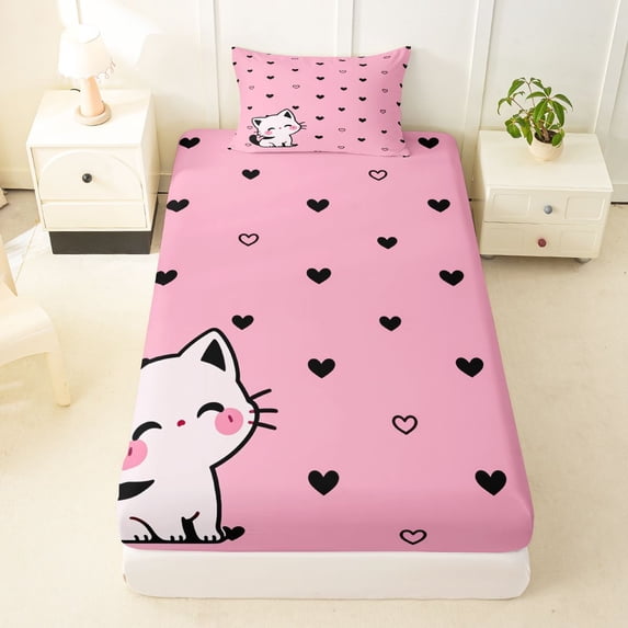 Manfei Kawaii Kitten Twin Fitted Sheet, Sweet Love Heart Doodle Bedding, Pink, 2-Piece, 1 Fitted Sheet and 1 Pillowcase